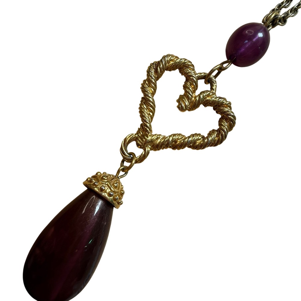 Avon Heart Necklace Purple Gold Tone Statement Romantic Classic Elegant - Picture 12 of 15